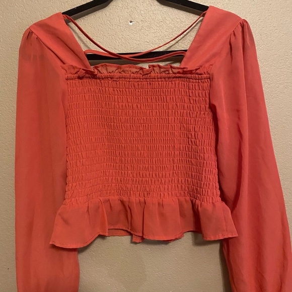 Miss Chevious Stretchy Crop Top semi Sheer Long Sleeve Size M Rust - Picture 8 of 9